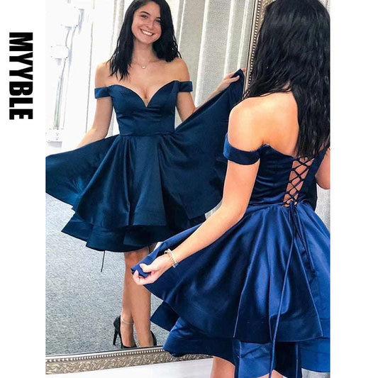 MYYBLE Lovely Off the Shoulder V Neck Navy Blue Satin Short Homecoming Dresses