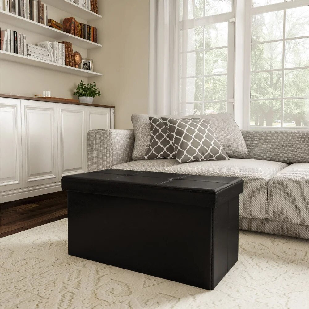 Foldable Storage Bench Ottoman ? Tufted Faux Leather Organizer By Lavish Home ( image 6