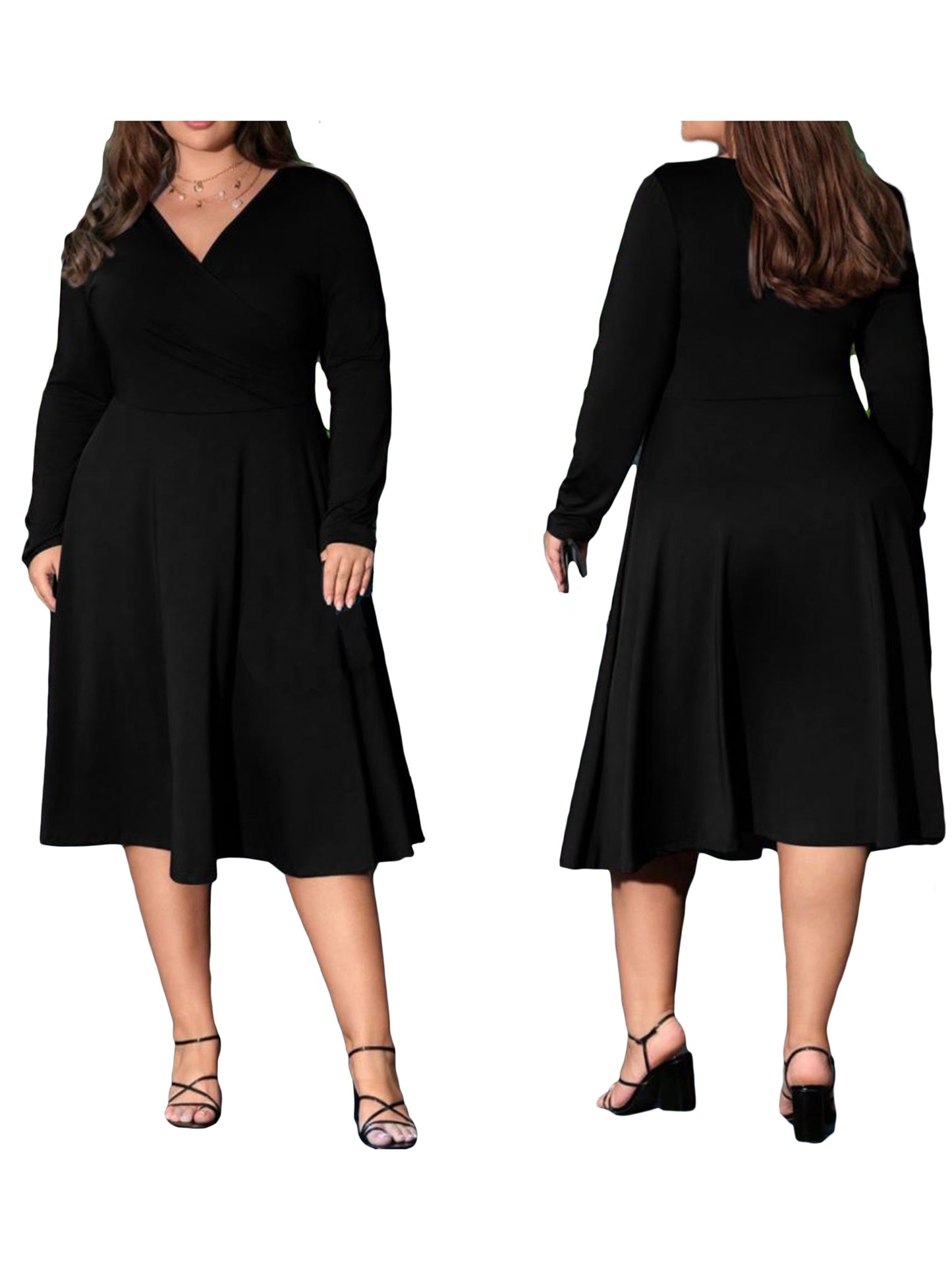 Elegant Women s V-Neck Long Sleeve Midi Dress in Solid Color Plus Size Fall Flo image 5