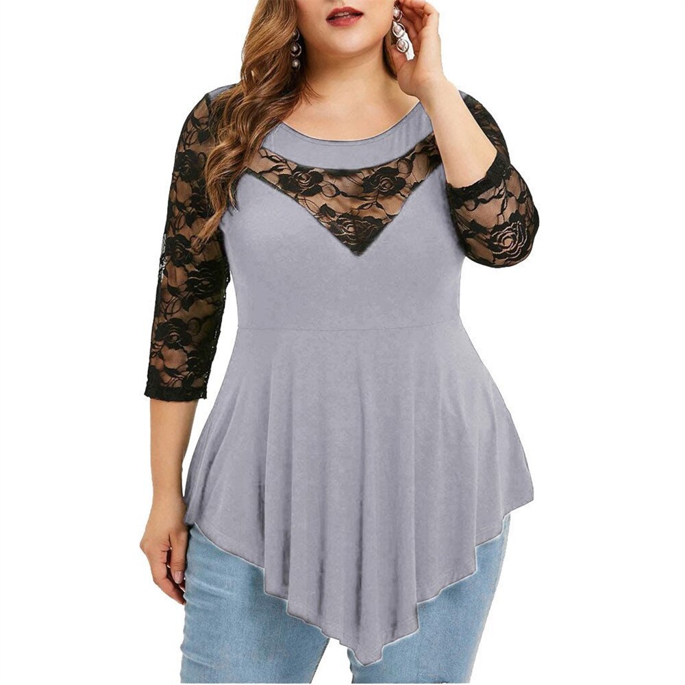Women Floral Lace O-Neck Plus Size 6XL Asymmetric Tops Summer Fashion