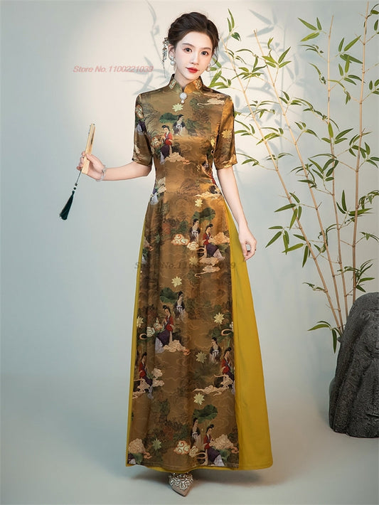 2024 vietnam traditional aodai dress chinese improved qipao national crane prin