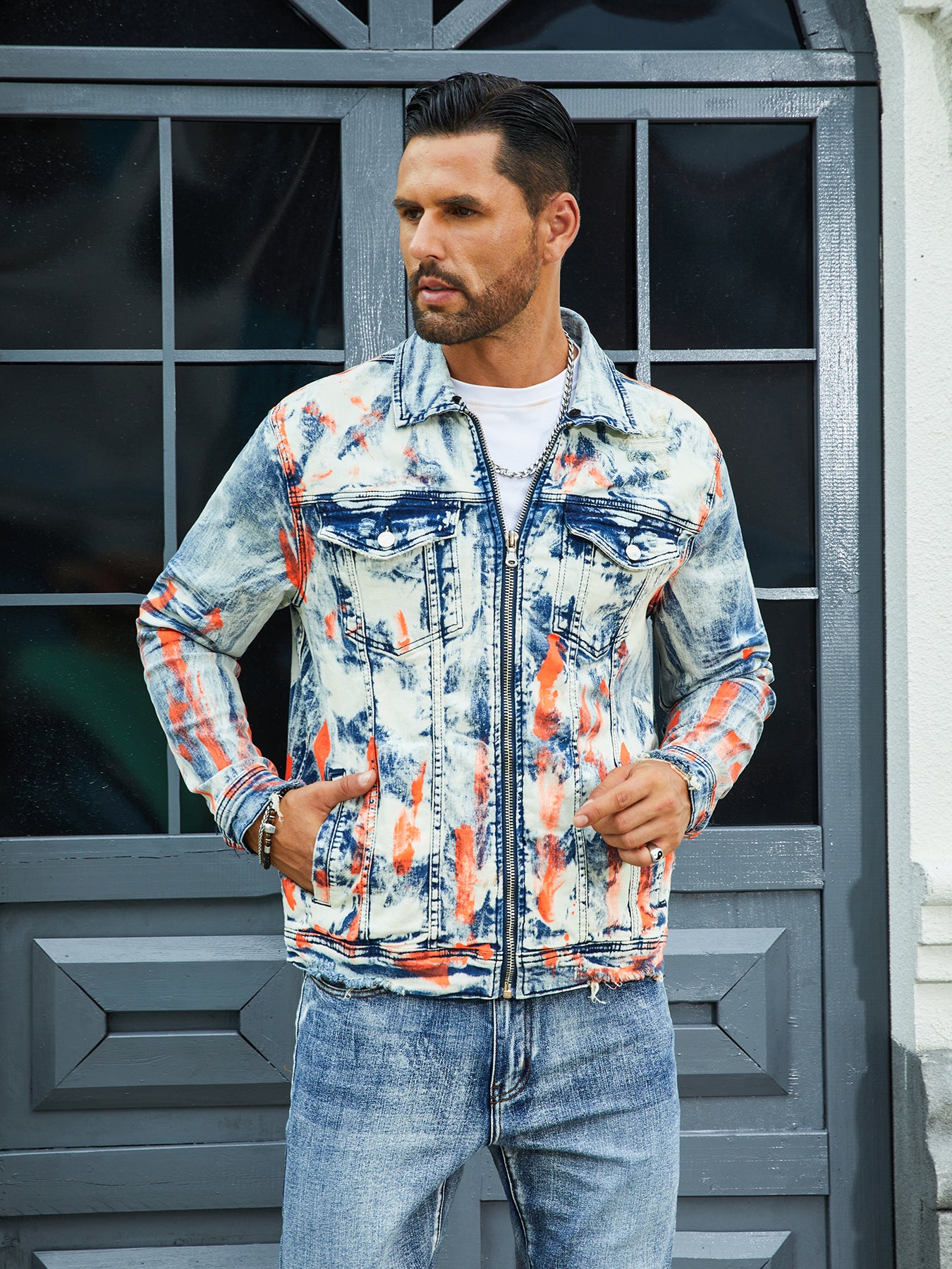 Men's Fashion Stretch Jacket, Full Stripe Print, Fashion Wash, Patterned Bay, S