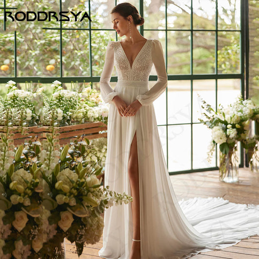 RODDRSYA Bohemian Wedding Dress Women vestidos novias boda Chiffon Long Sleeves
