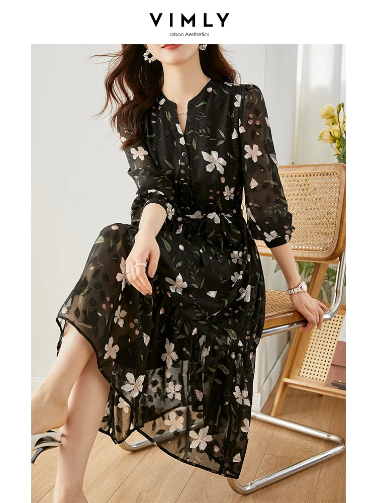 Vimly Chiffon Floral Dress for Women 2024 Spring Vacation Outfit Elegant Vintag