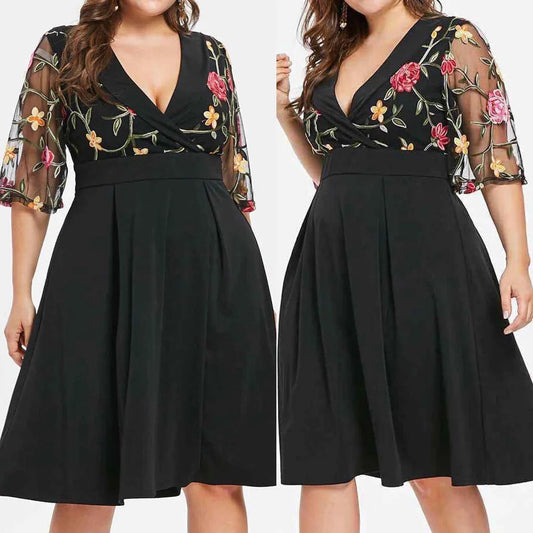 Summer Women's Dress Plus Size Casual Floral Short Sleeve Plus Size Solid Appli