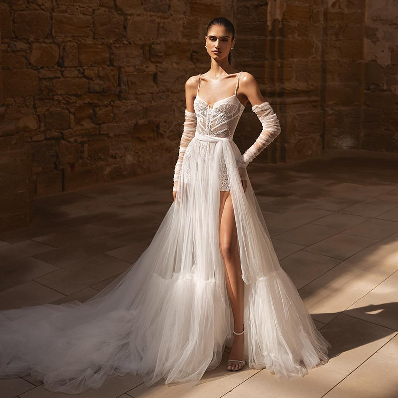 Eightree White A-Line Wedding Dresses Spaghetti Straps Appliques Wedding Gowns