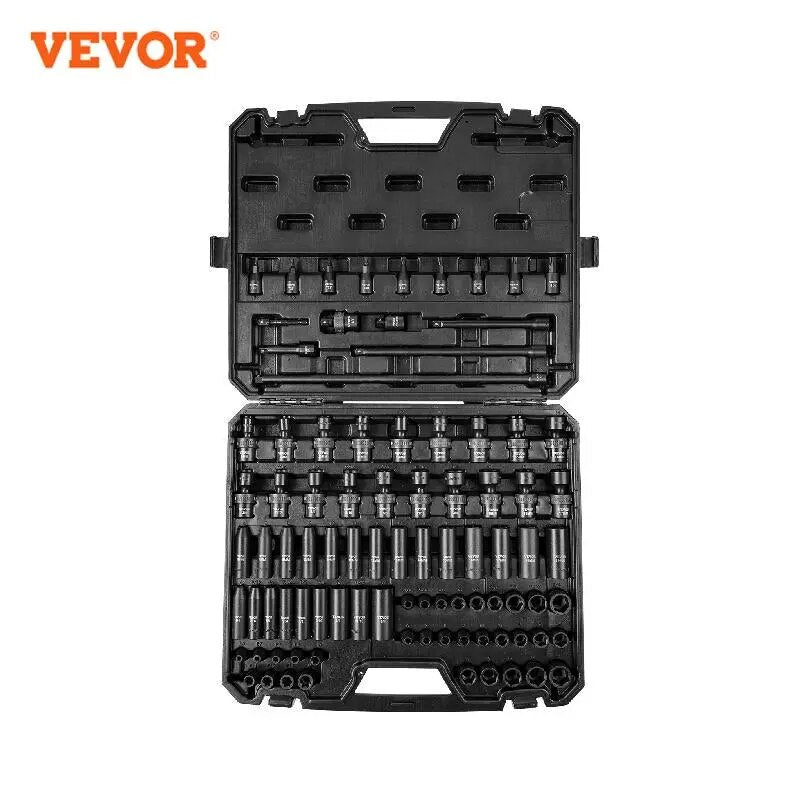 VEVOR 1/2in 3/8in Drive Impact Socket Set SAE or Metric 90 PCs Cr-Mo Socket Set