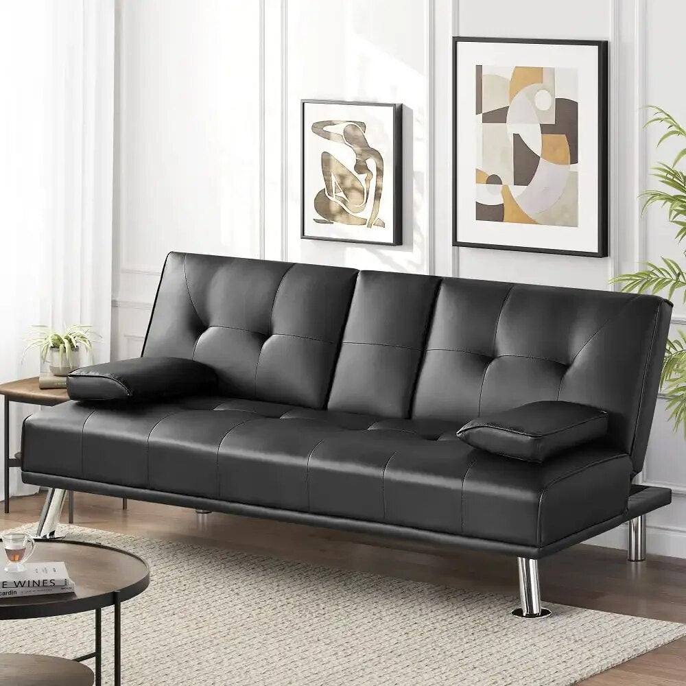 Modern Faux Leather Futon with Cupholders and Pillows image 0