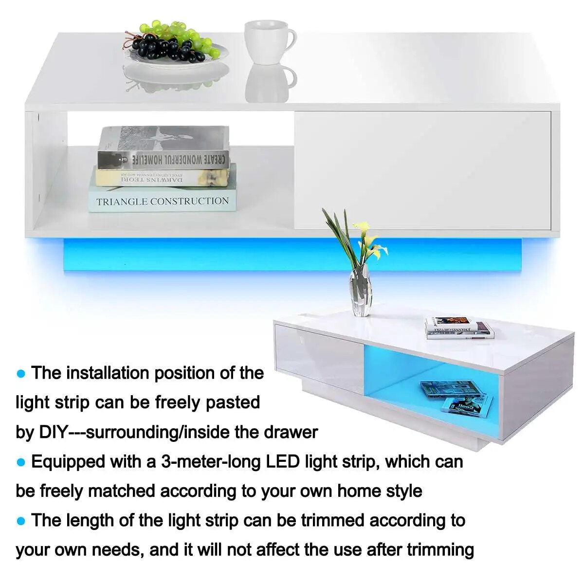 High Gloss Coffee Tables RGB LED End Table Nordic Modern Side Table Living Room image 8