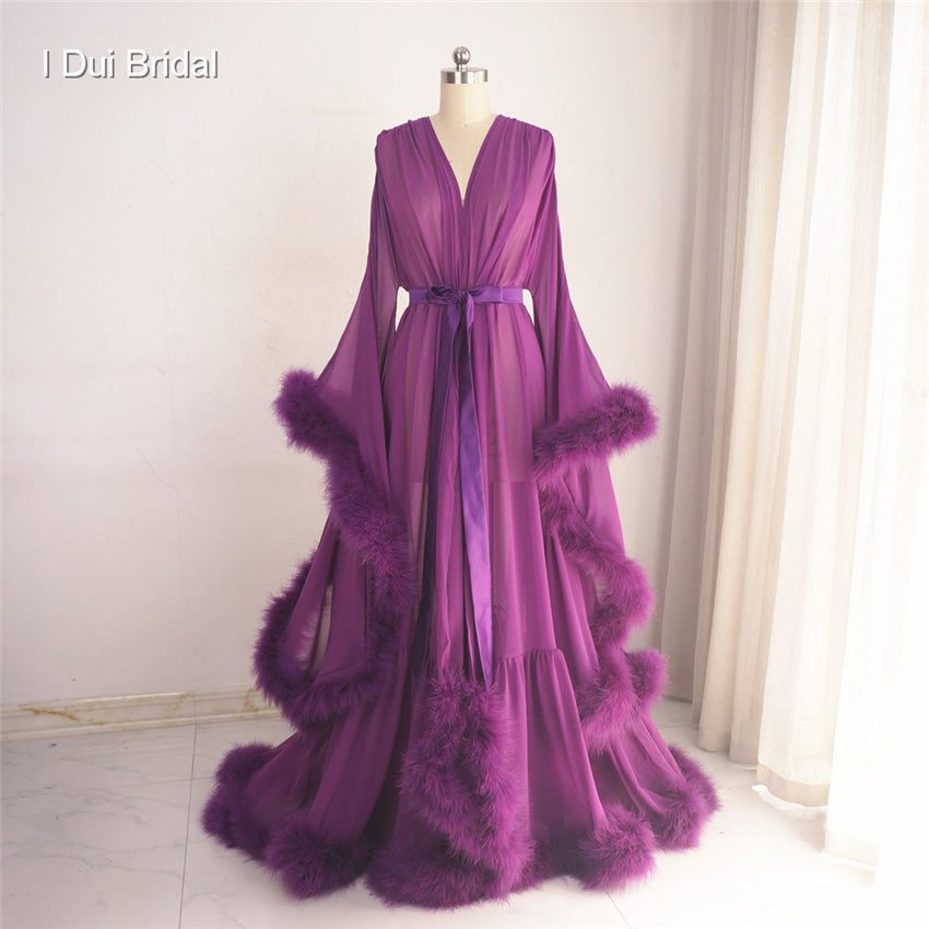 Long Chiffon Fur Robe Marabou Edge Pajamas Wedding Gift Birthday Dress Annivers