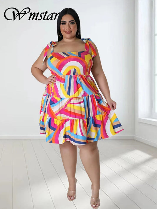 Wmstar Plus Size Dresses for Women Summer Clothes Shot Sleeve Slip Print Big He