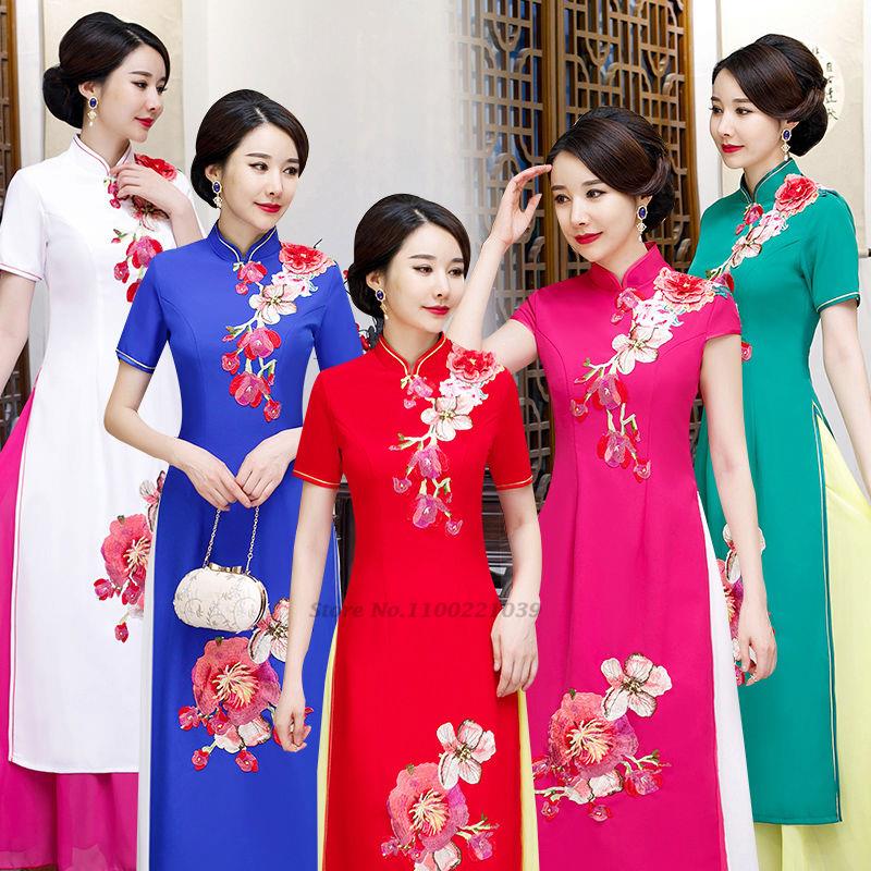 2024 vietnamese aodai vietnam cheongsam folk style qipao chinese flower embroid