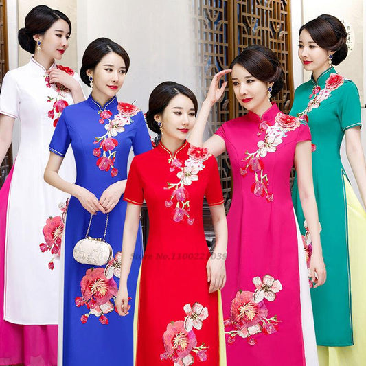 2024 vietnamese aodai vietnam cheongsam folk style qipao chinese flower embroid
