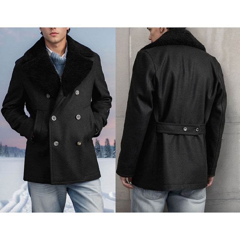 Men Wool Pea Coat with Contrast Color Detail Double Breasted Design a