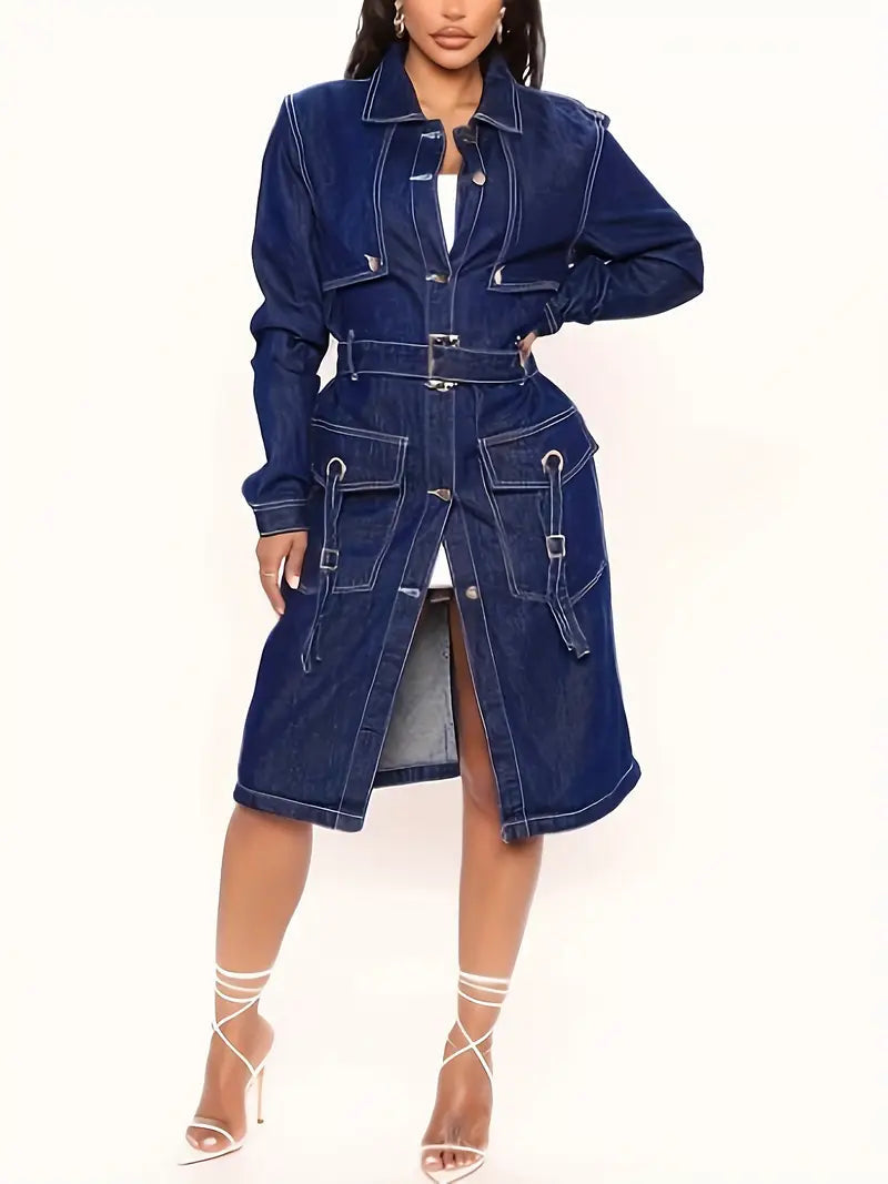 Women Blue Denim Trench Coat - Elegant Long Jean Jacket with Belt, Flap Pocke