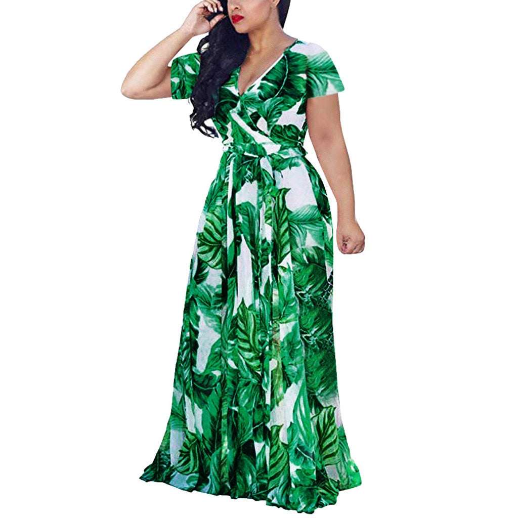 Leaf Print Women Clothing 2021 Bohemian Womens Summer Dress Plus Size Dress V-n