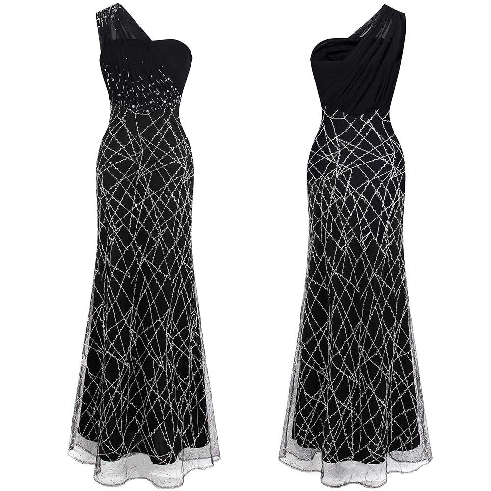 Angel-fashions One Shoulder Pleated Sequin Slit Long Prom Dresses Gray 399 image 0