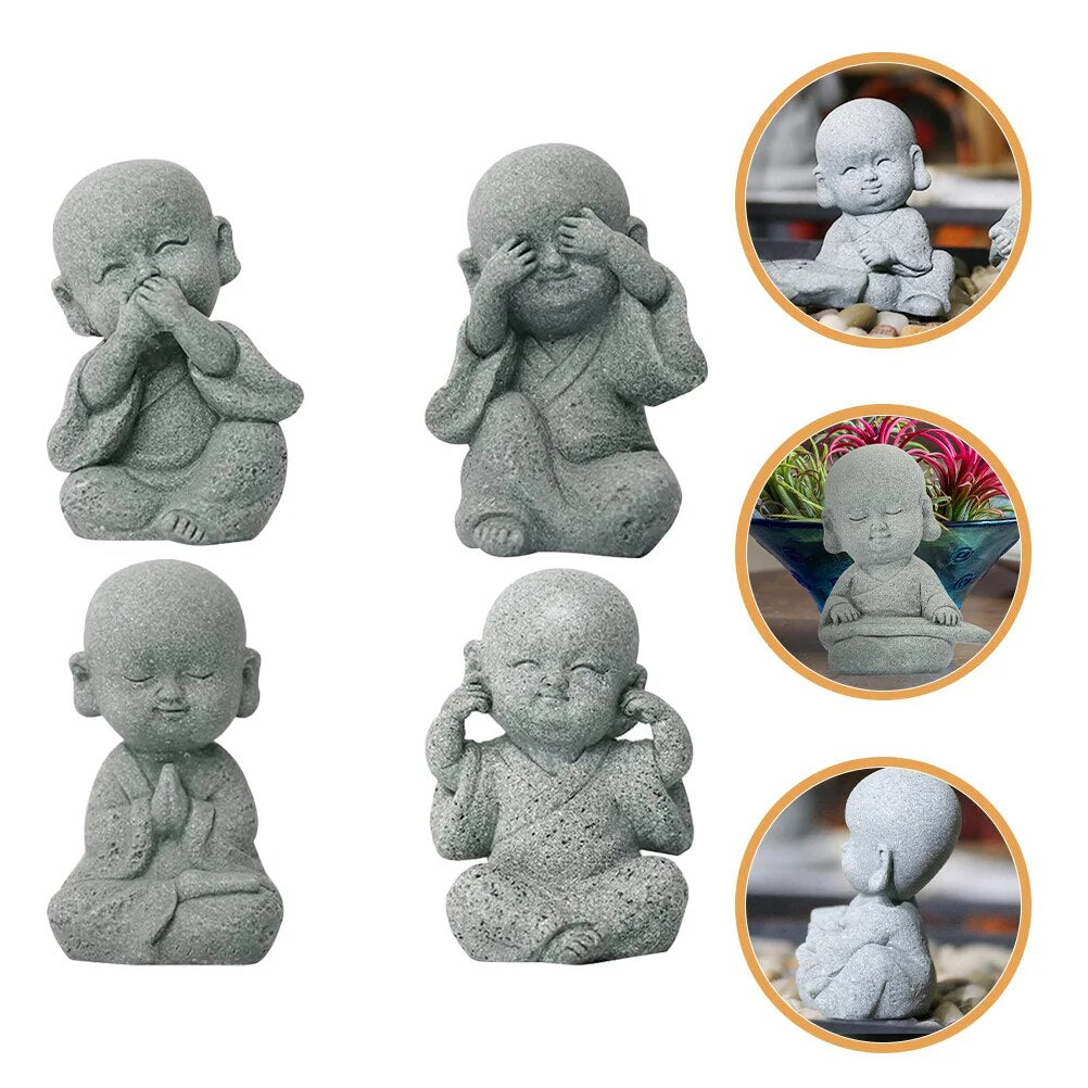 4 Pcs Miniature Baby Buddha Statue Ornament Zen Garden Monk Sculptures Sandston image 6
