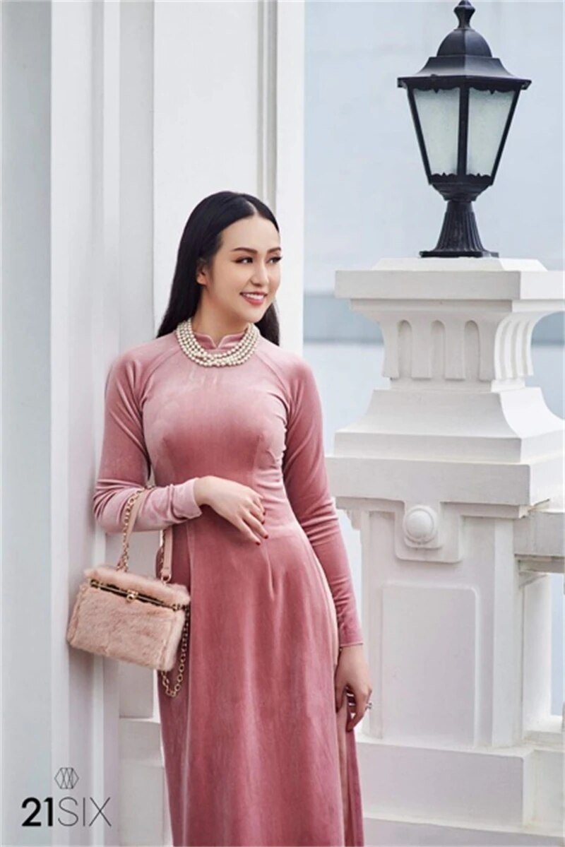 Customized  Velvet Women Aodai Vetnam Clothing Long Cheongsam Aodai Vietnamese