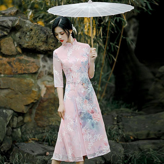 Summer chiffon ao dai elegant dress qipao oriental printing dress qipao vietnam