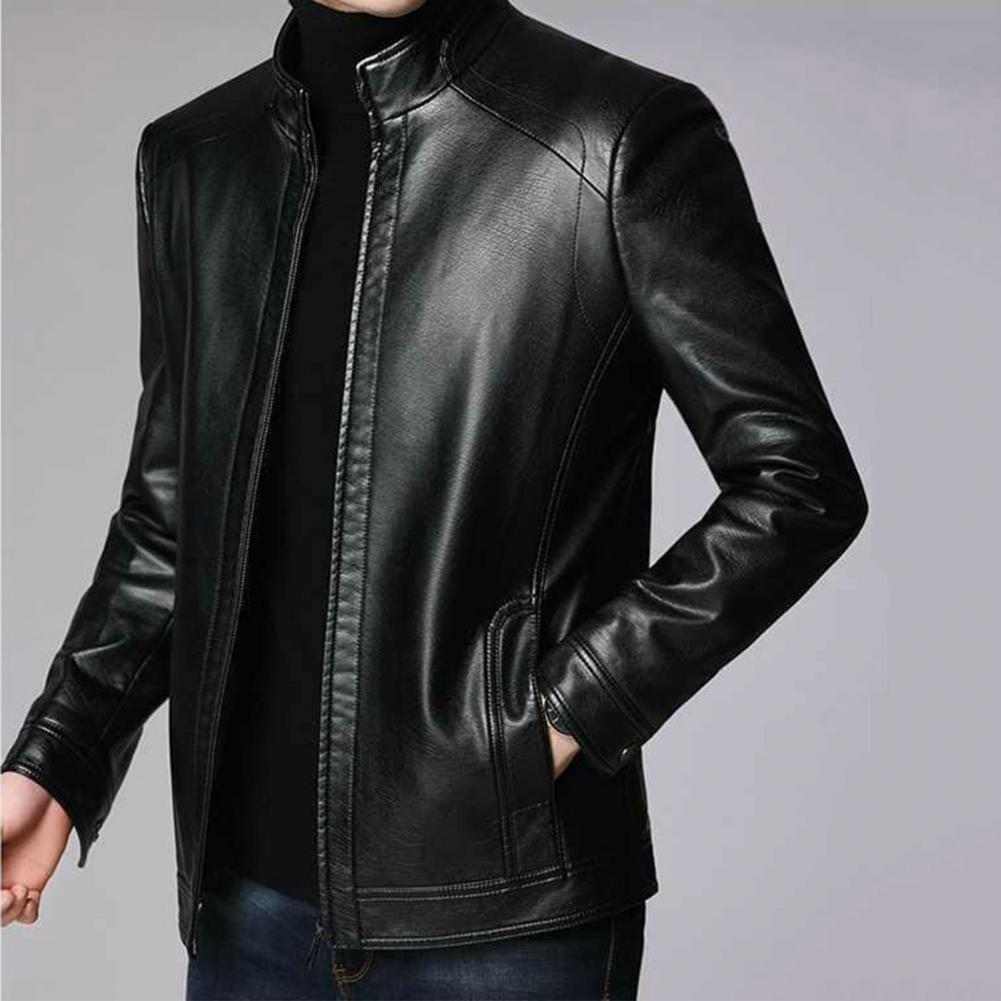 Men Faux Leather Jacket Men's Faux Leather Motorcycle Jacket with Stand Collar image 9