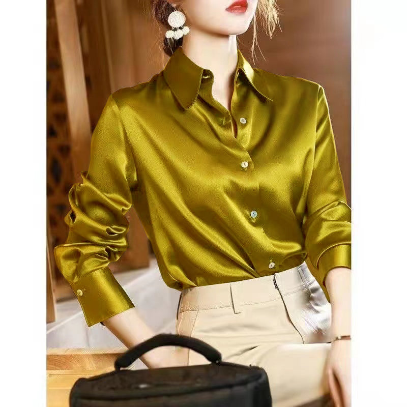 2024 Summer Trend Fashion Women's Casual Elegant Satin Long Sleeved Shirt Offic