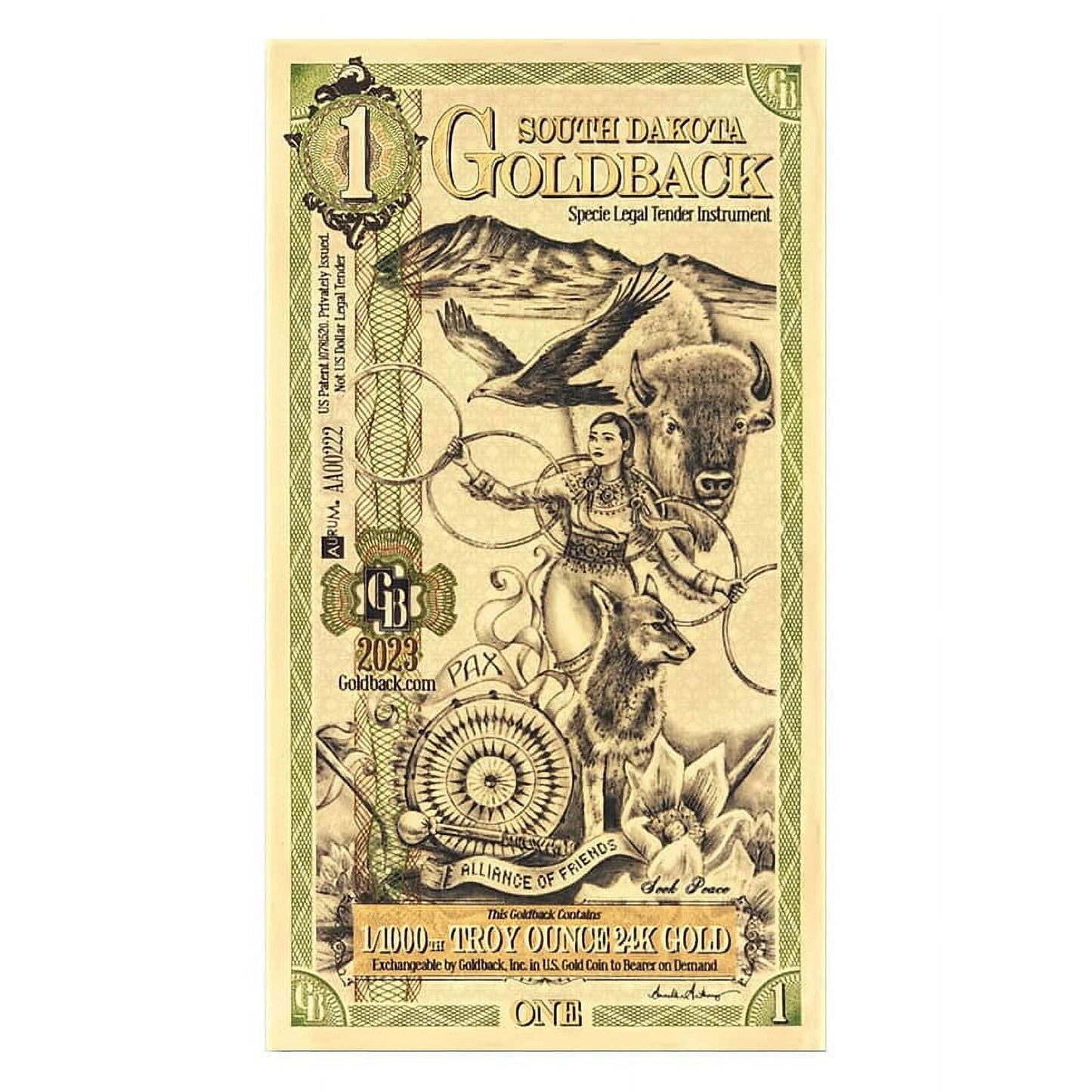 1 South Dakota Goldback 1/1000 oz 24K Gold Foil Aurum Note image 0