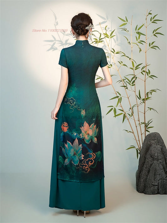 2024 vietnam traditional ao dai dress national flower print improved cheongsam