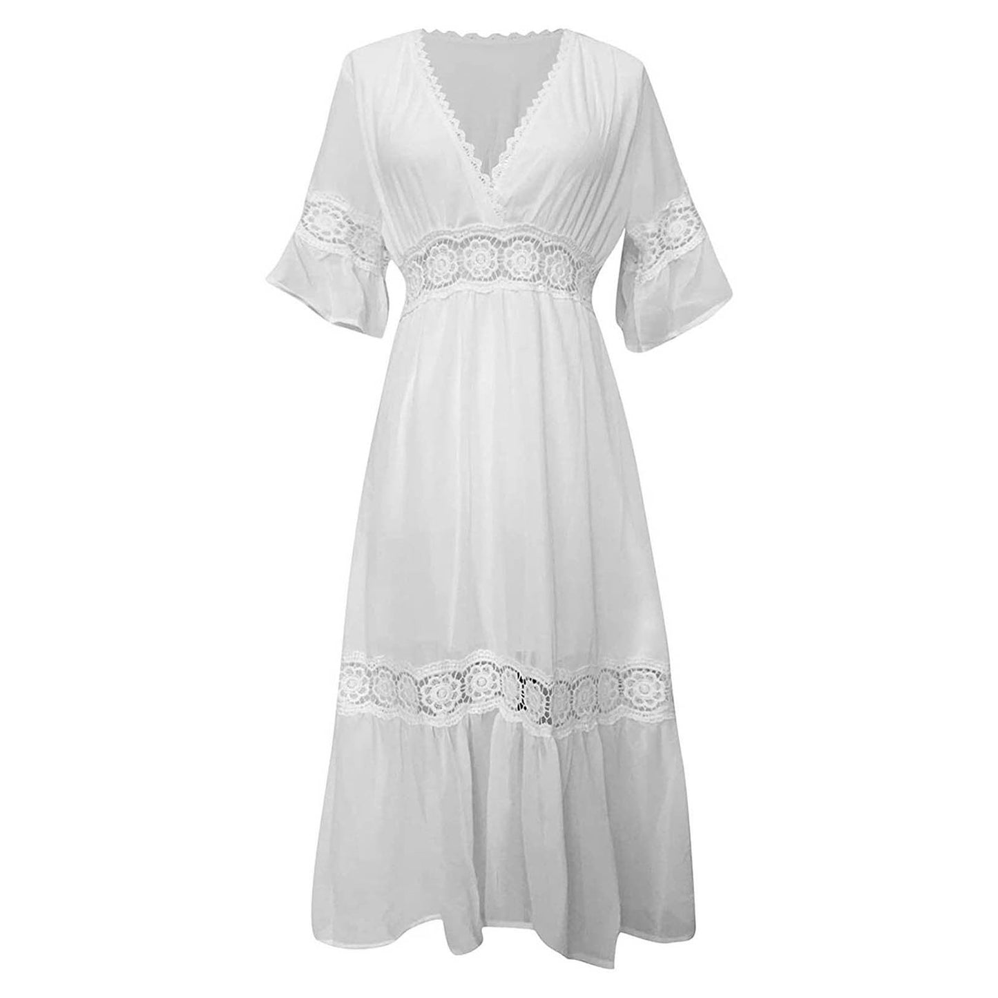 Deep V Lace White Dress Women Fashion Wedding Party Dress Summer B