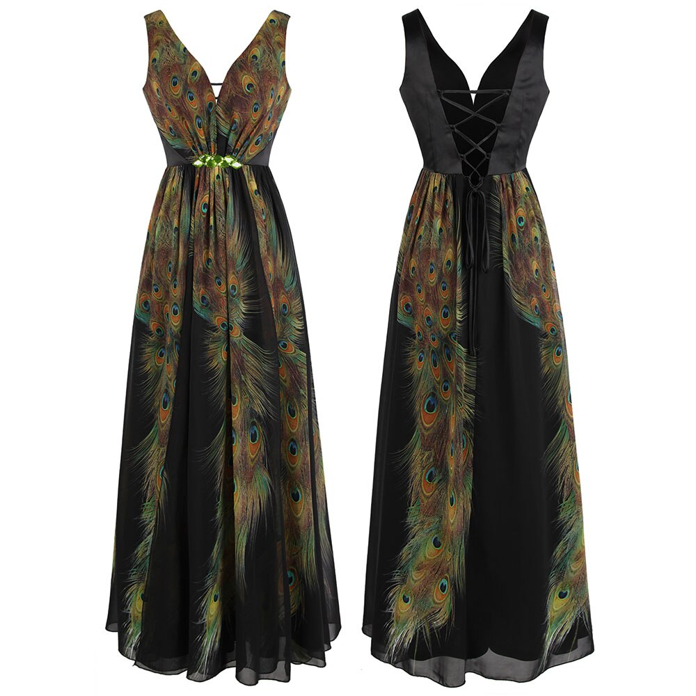 Angel-fashions Women's V Neck Chiffon Party Dresses Peacock Pleated Beading image 0