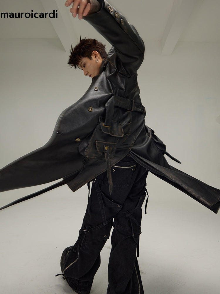 Mauroicardi Spring Autumn Long Distressed Black Pu Leather Trench Coat Men Bel image 6