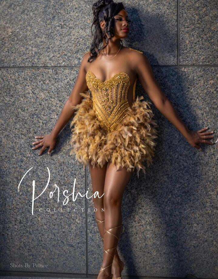 Women'S Gold Sparkly Short Prom & Homecoming Dress - Crystal Diamond And Feather Detail