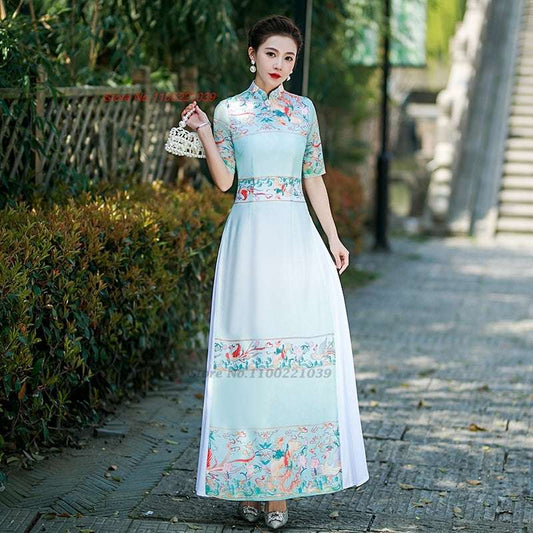 2024 vietnam traditional ao dai  dress national flower print cheongsam oriental