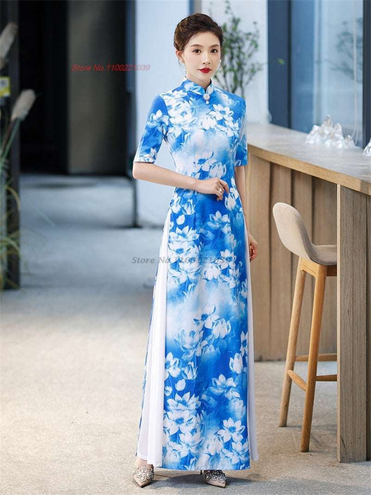 2024 chinese improved qipao dress vintage flower print vietnam ao dai dress ele