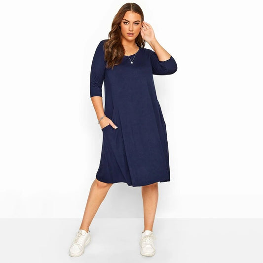 Plus Size Half Sleeve Casual Summer Tunic Dress Pockets Front Loose Straight Mi