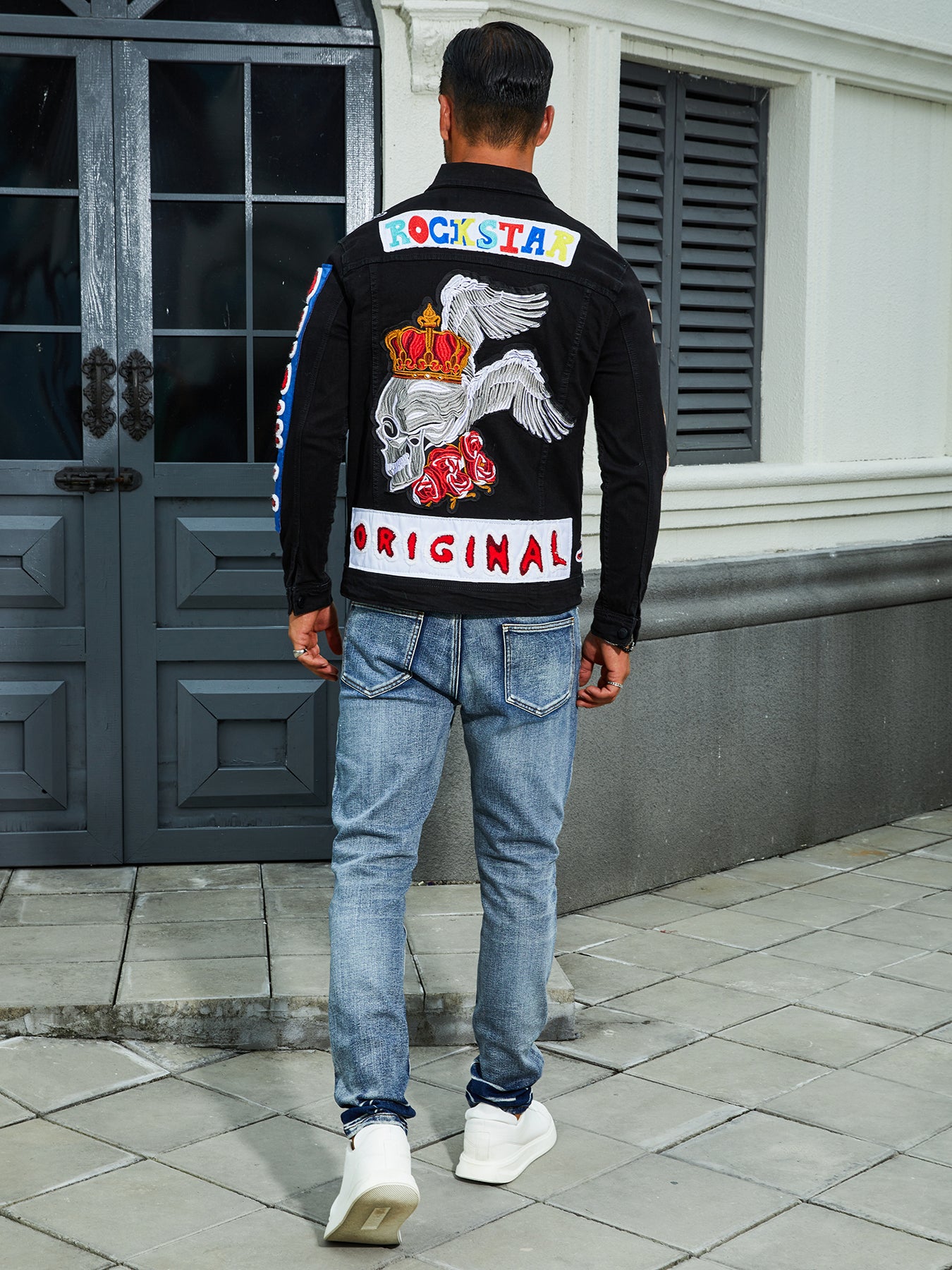 Men's stretch denim jacket, cat creases wash water, full embroidered seal desig image 4