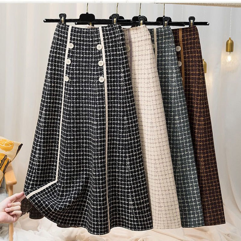 Plaid button knitted skirt Women autumn and winter fashion new high waist mid-l