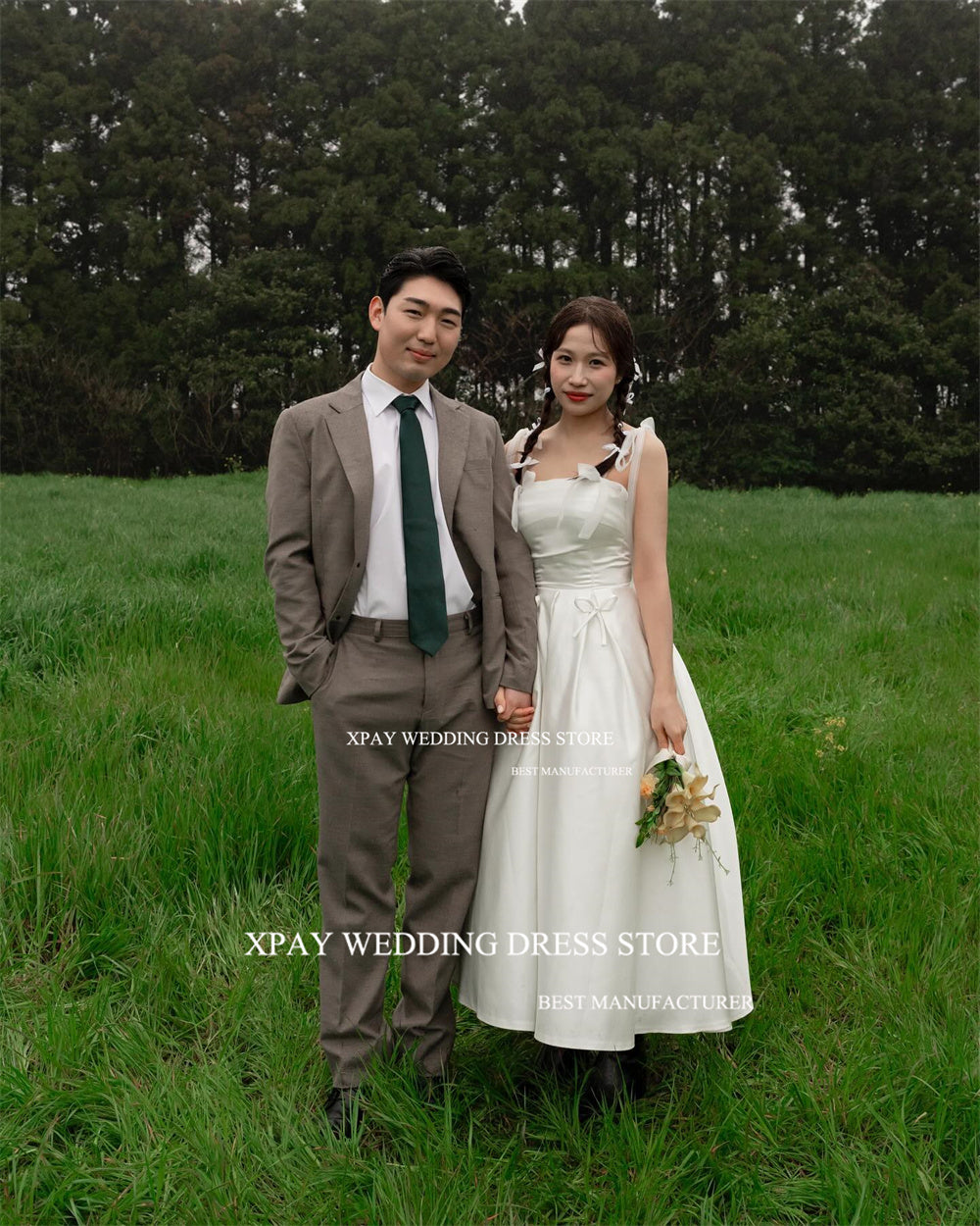 XPAY Simple Strapless Korea Wedding Dresses Ribbons Bow Women Photo Shoot Floor image 4