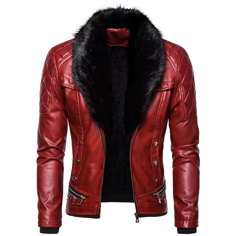 New Winter Fleece Motorcycle Leather Jacket Men's Turn Down Fur Collar Slim Fit W