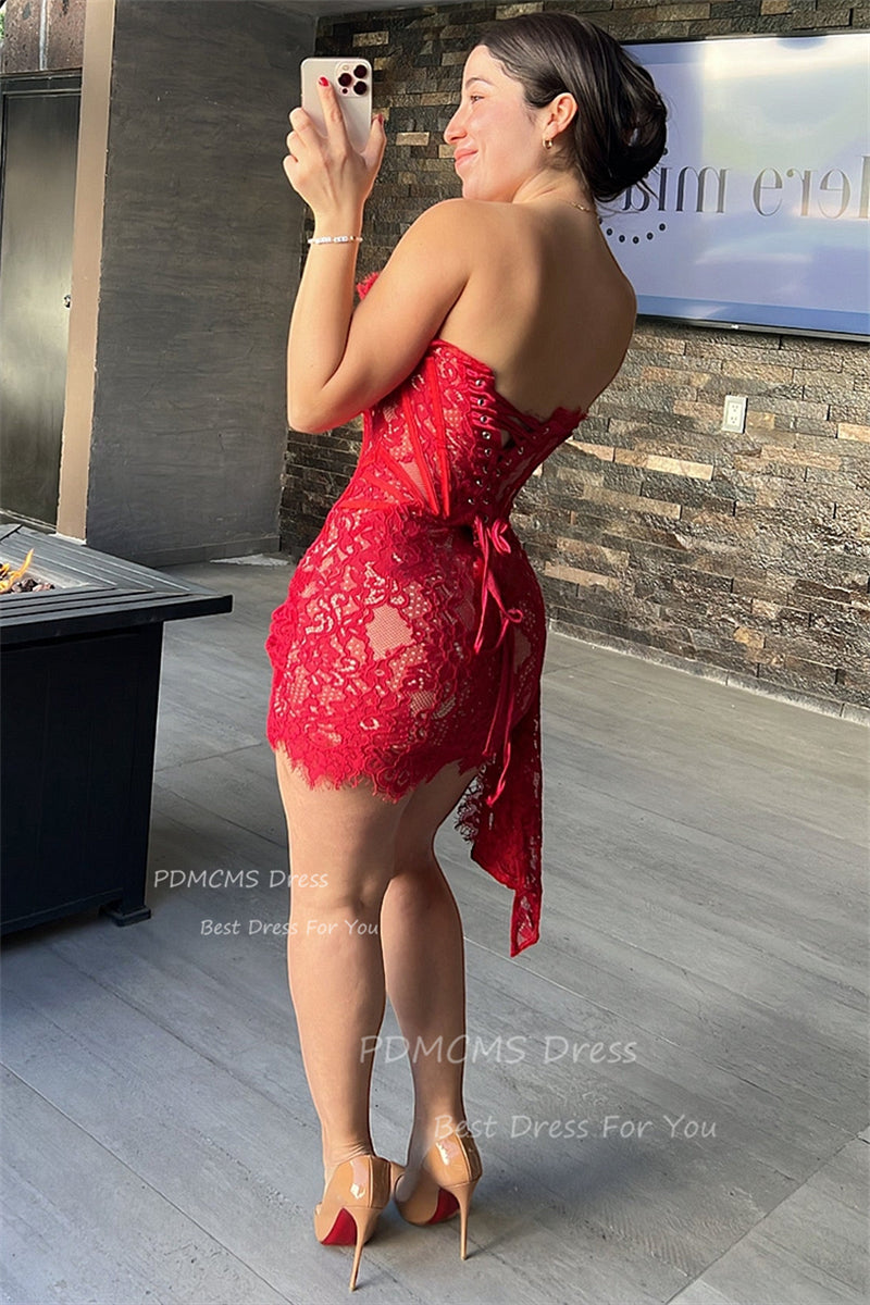 Red Strapless Lace Short Party Dresses Dubai Arabic Woman Cocktail Dress Blackg image 5