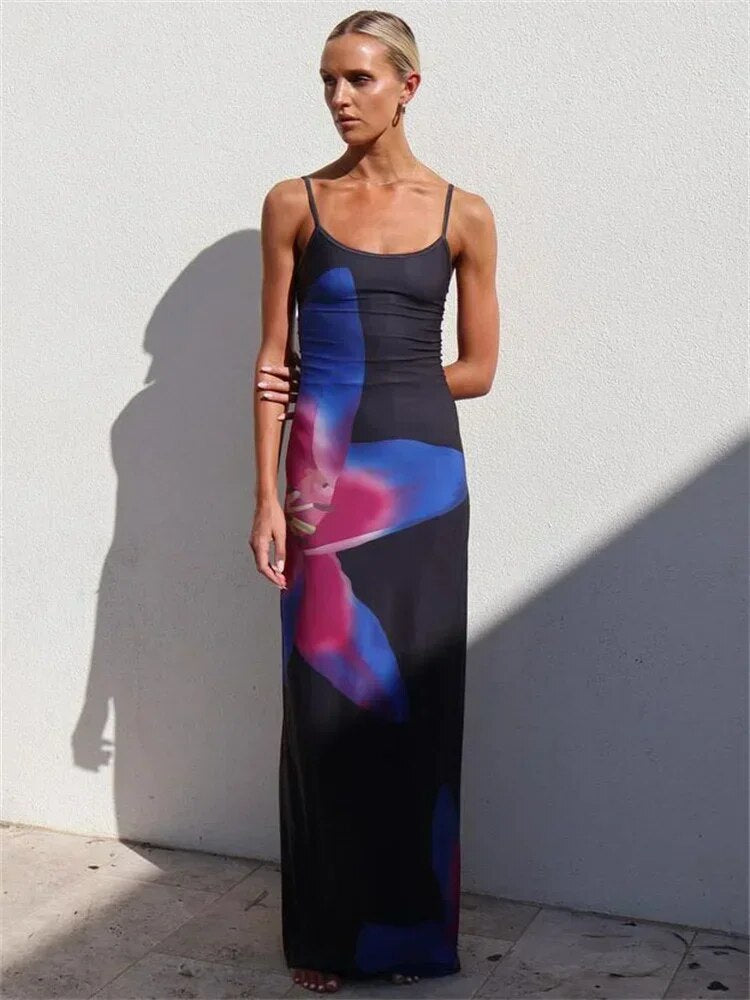 Tossy Printed Spaghetti Hot Backless Maxi Dress Women Fashion Slim Elegant Cont