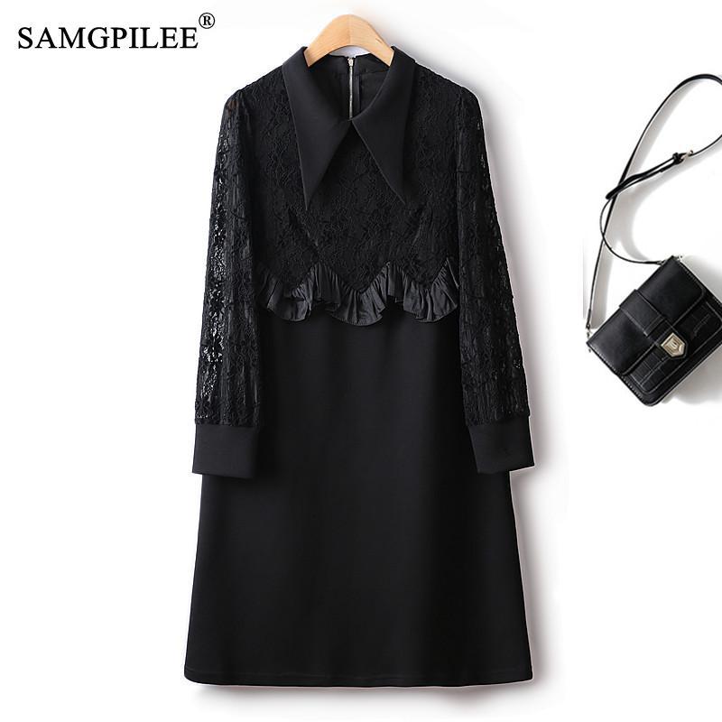 Spring Solid Lace Stitching Dresses For Women 2023 Hollow High Waist Lace image 0