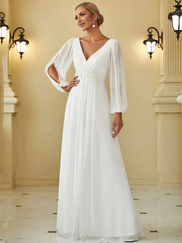 Wedding Dresses For Women 2024 V-Neck Chiffon White Long