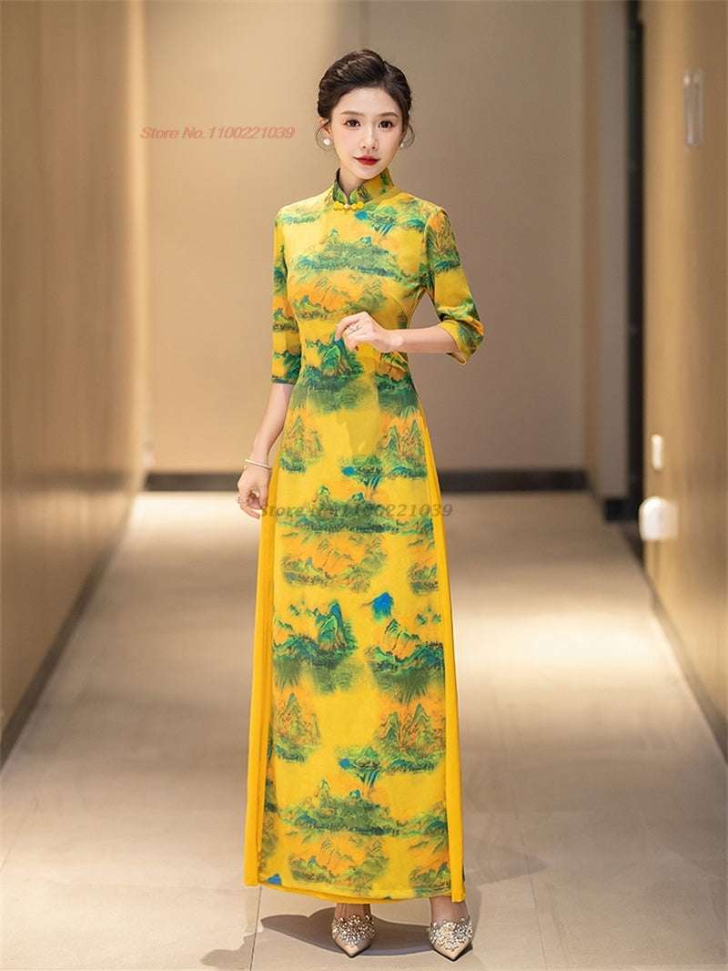 2024 chinese improved qipao dress vintage flower print cheongsam vietnam ao dai