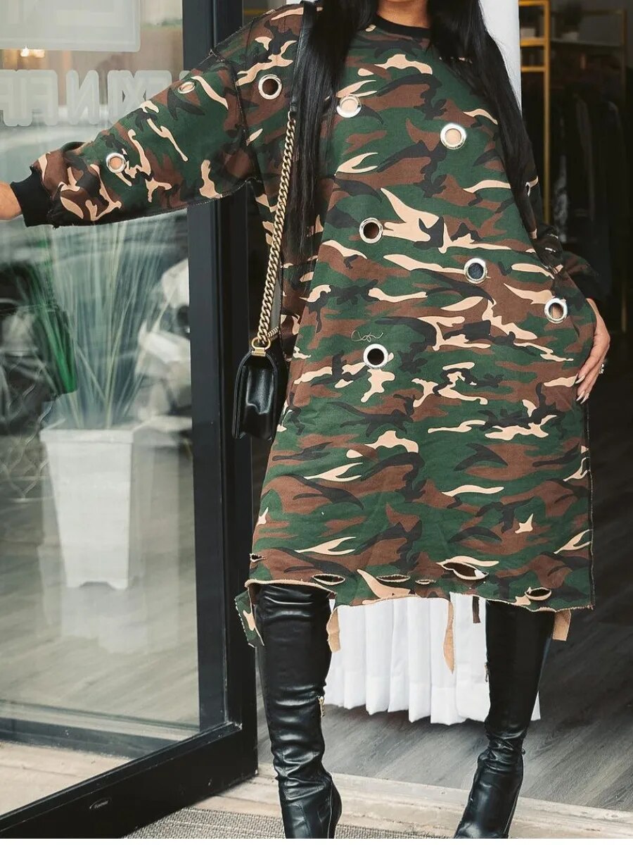 Plus Size Camo Print Maxi Dress - Cut Out Raw Edge Design