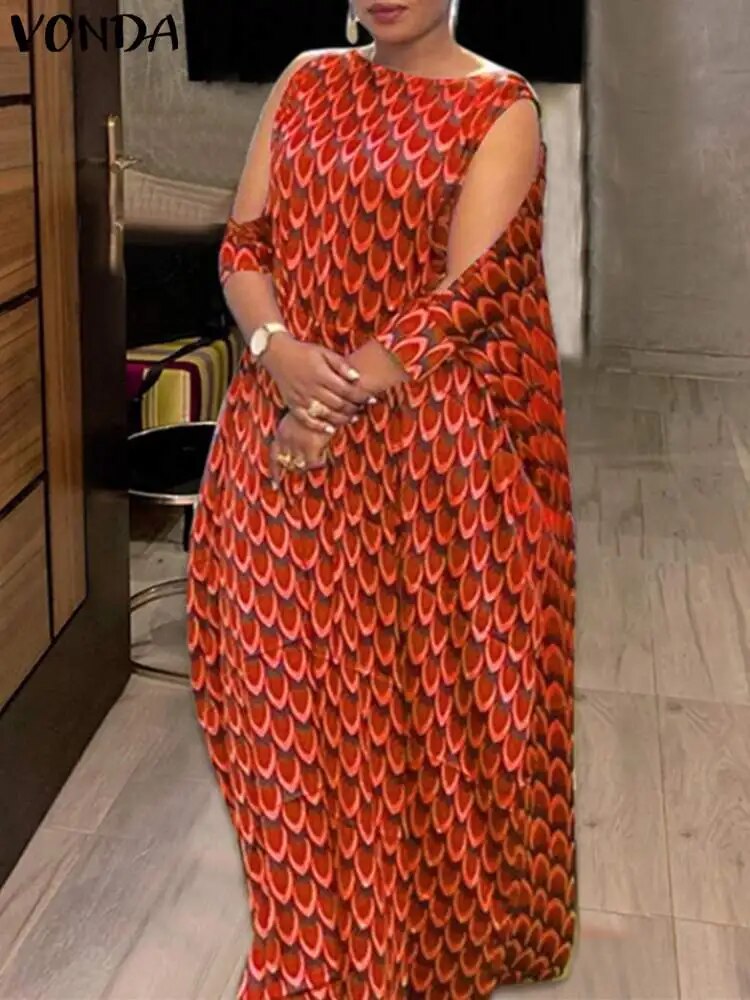 Plus Size 5XL VONDA Off Shoulder Dress Women Bohemian Printed Women 3/4 Sleeve