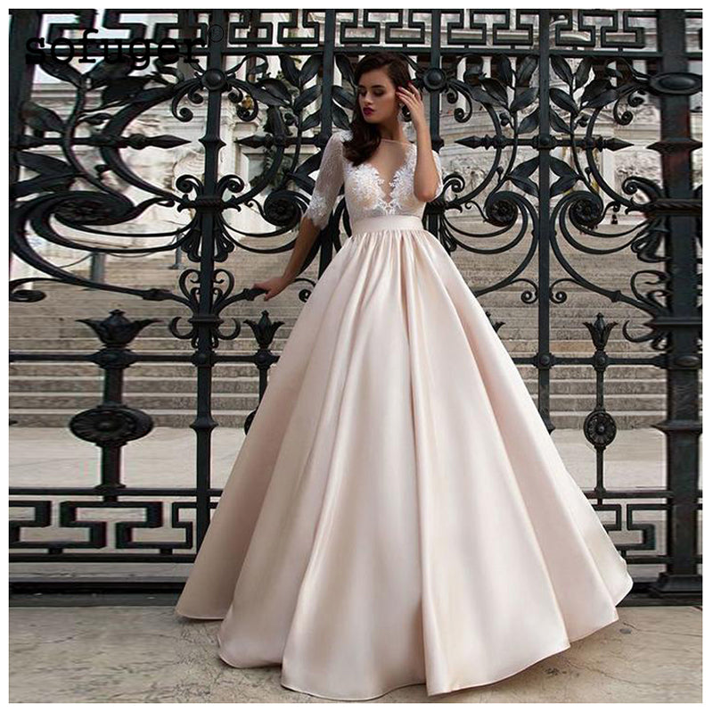 Satin Wedding Dresses With Pocket Vestidos Noiva Lace Half Sleeves Brid