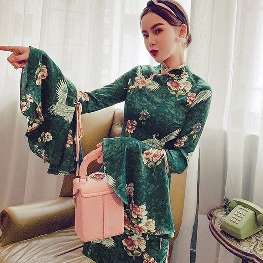 Vietnam Traditional Dress Midi Elegant Chinese Dresses Cheongsam Green Long Sle