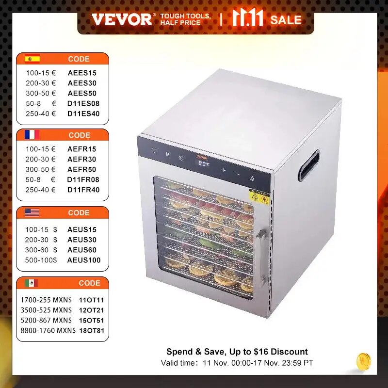 VEVOR 10 Trays Food Dehydrator Stainless Steel Machine 800W/1000W householdold Veg