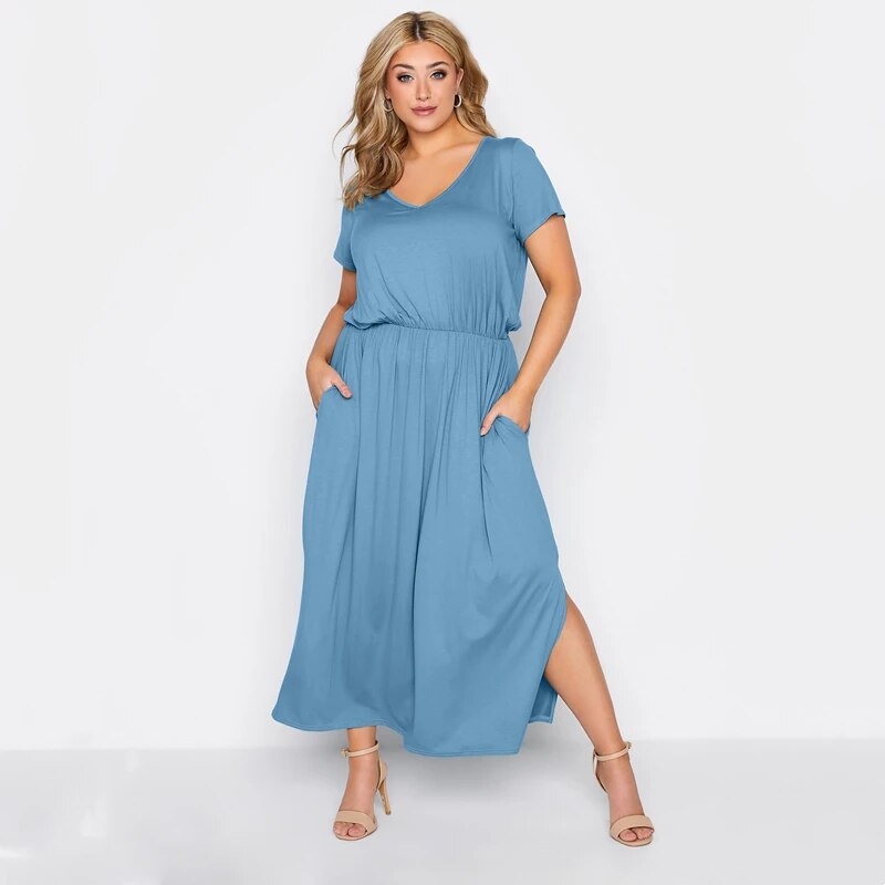 Plus Size V-neck Summer Casual Dress Short Sleeve Elastic Waist Maxi St